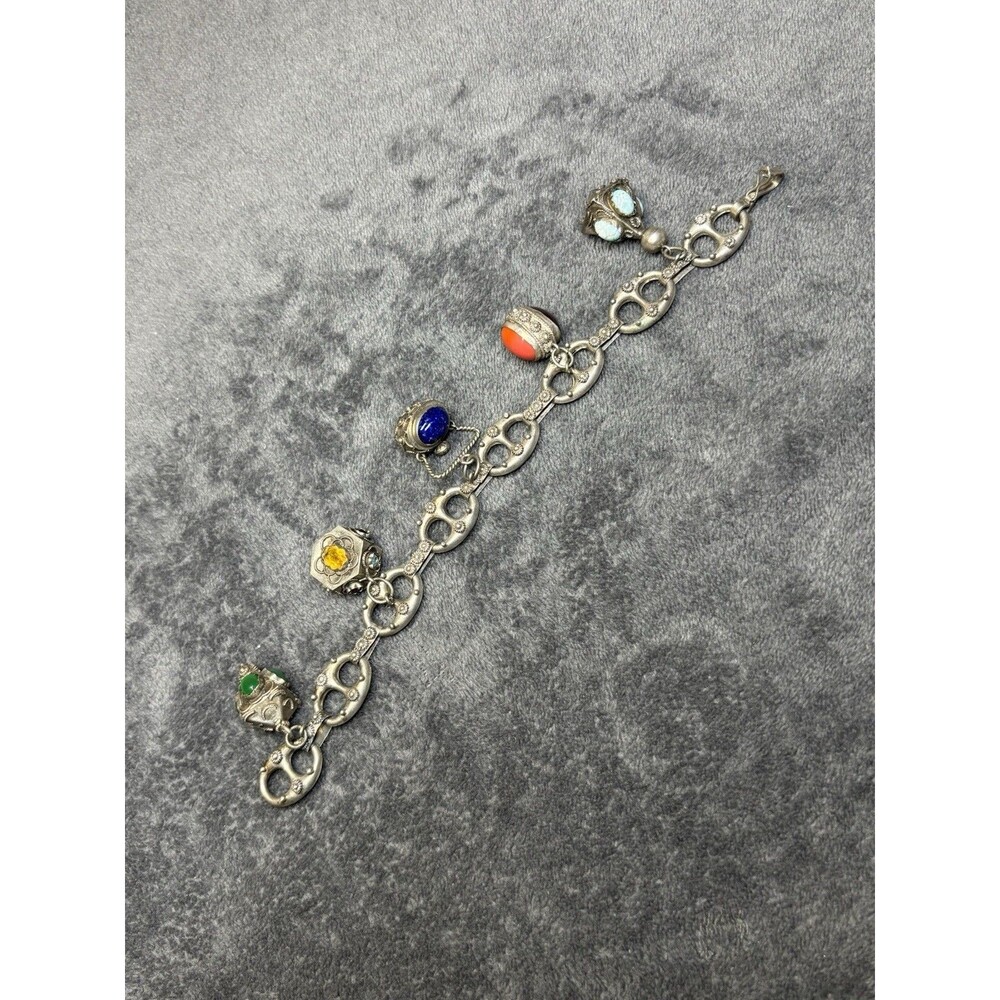 Vintage Chunky Etruscan Revival 800 Silver Bracelet 5 Dangle Charms